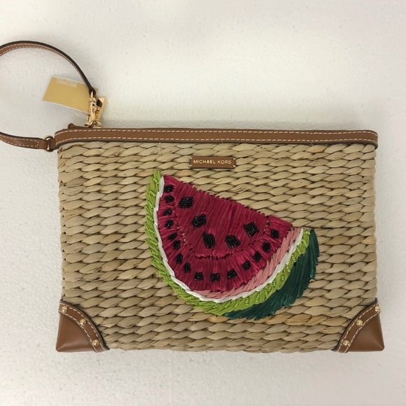 MICHAEL KORS Watermelon Woven Straw Large CLUTCH - Picture 5 of 8